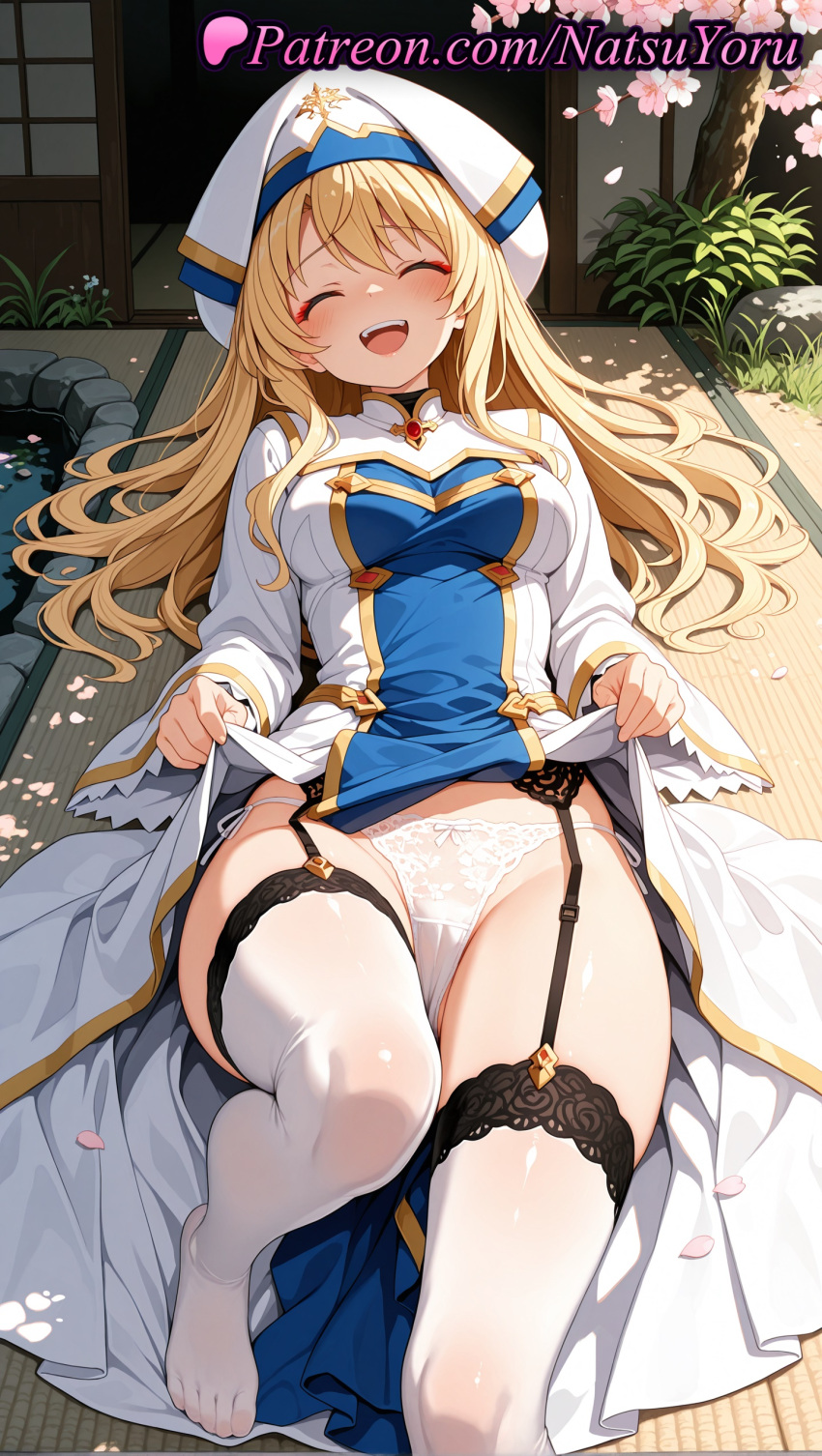 1girl 1girl 1girls 2025 ^_^ ai ai_assisted ai_generated anime anime_style bangs big_breasts blonde_hair blush breasts bust cameltoe cherry_blossoms closed_eyes clothes_lift clothing dress dress_lift facing_viewer feet female_focus female_only foot_fetish foot_out_of_frame garter_belt garter_straps goblin_slayer hat hentai high_quality high_res high_res high_resolution indoors knee_up lace_trim legs lifted_by_self long_hair long_sleeves looking_at_viewer lying makeup medium_breasts natsuyoru no_shoes on_back open_mouth panties panties patreon petals priestess_(goblin_slayer) side-tie_panties skirt skirt_lift smile solo_female stable_diffusion stockings stockings tatami teeth thighs toes underwear upper_teeth_only voluptuous voluptuous_female white_dress white_headwear white_panties white_thighhighs